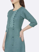 Green Embroidered Rayon Slub Dress | Rescue