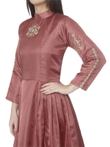 Wine Embroidered Satin Silk A-Line Dress | Rescue