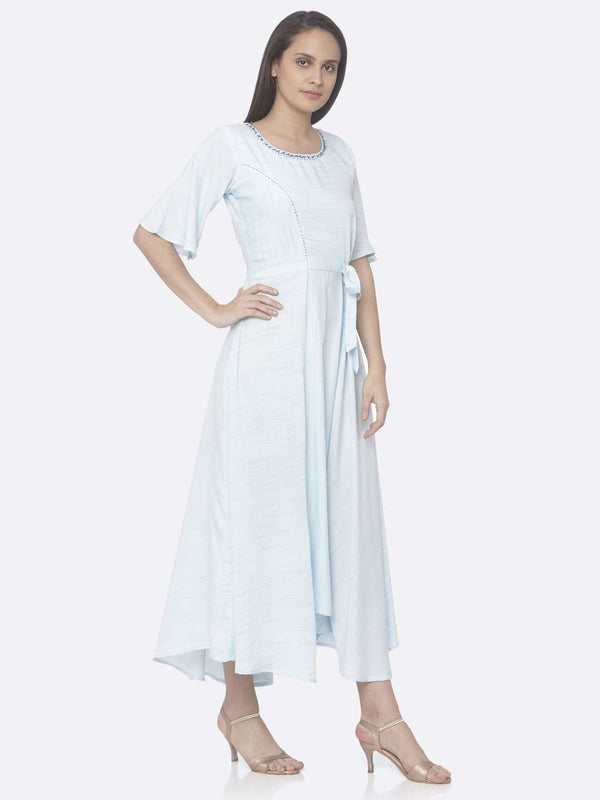 Sky Blue Solid Rayon Flared Dress | Rescue