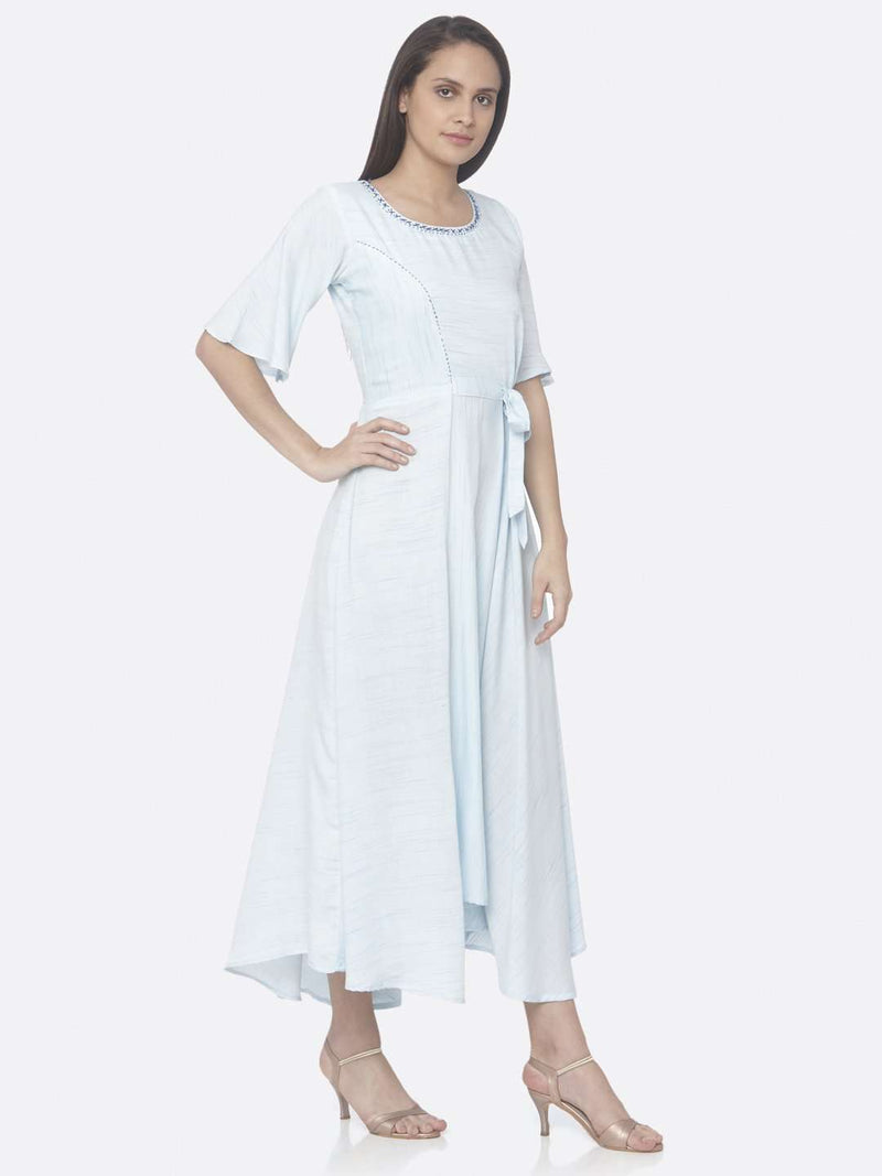 Sky Blue Solid Rayon Flared Dress | Rescue