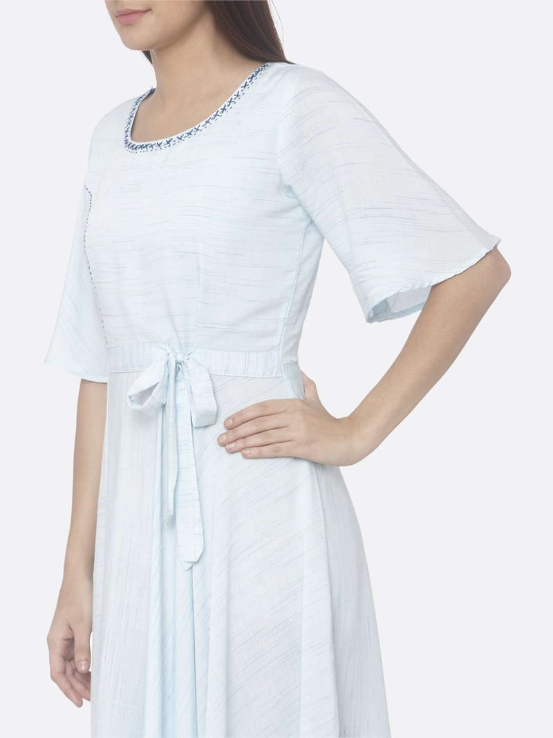 Sky Blue Solid Rayon Flared Dress | Rescue