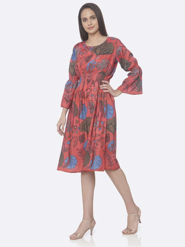 Red Printed Rayon A-Line Dress | Rescue