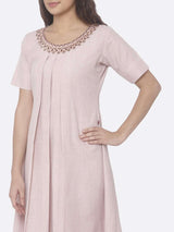 Light Pink Embroidered Linen Flared Dress | Rescue