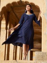 Navy Embroidered Cotton Asymmetrical Dress | Rescue