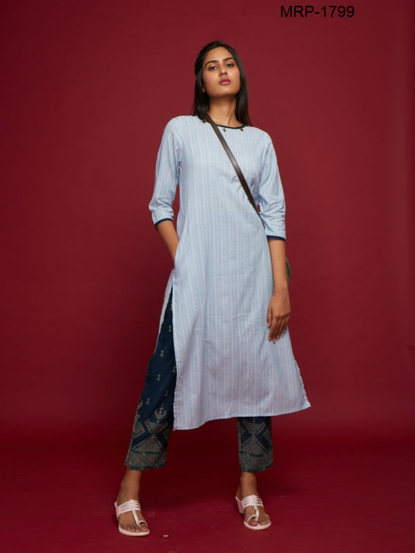 Blue Printed Cotton Straight Kurta With Pant | Rescue