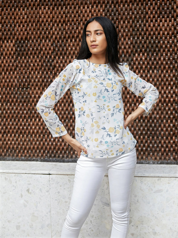 White and Mustard Floral Print Georgette Straight Top