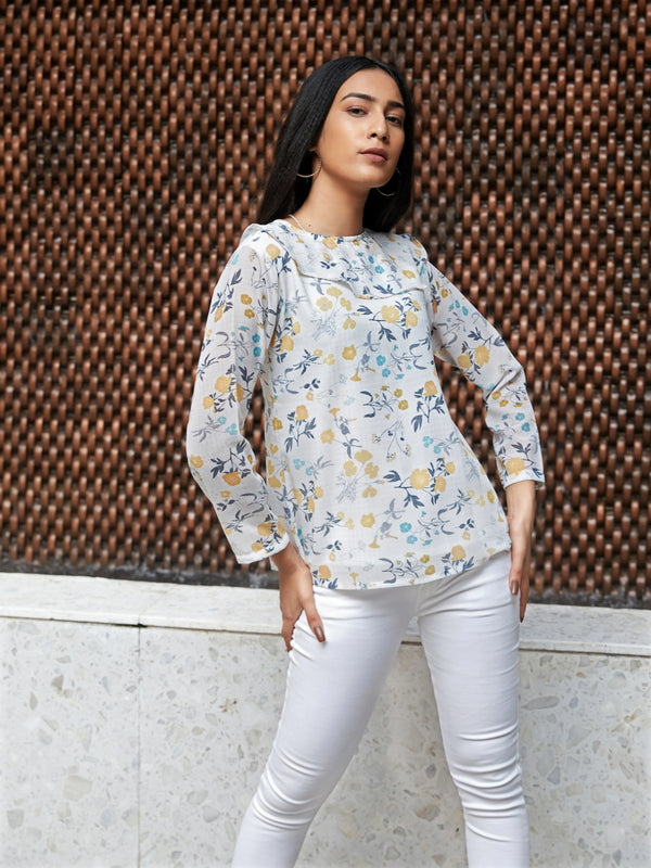White and Mustard Floral Print Georgette Straight Top