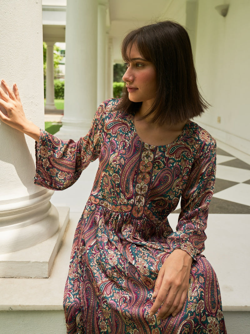 multi-colored digital printed embroidered dress