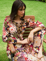 MULTICOLOR FLOWER DIGITAL PRINTED VISCOSE SATIN WITH HAND EMBROIDERY DRESS