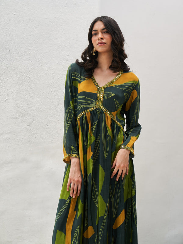 green digital print maxi dress