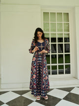 NAVY BLUE DIGITAL PRINTED VISCOSE SATIN WITH HAND EMBROIDERY CO-ORDS SET WITH LONG SHRUG