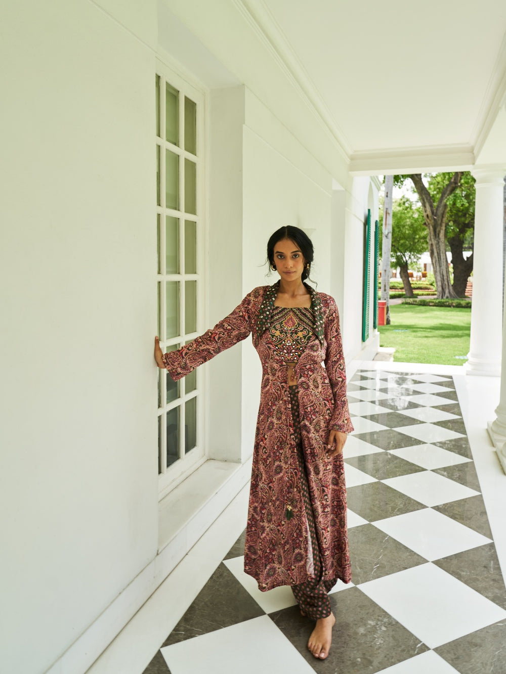 long shrug dress Long Black Gown with Dark Brown shrug and waist belt
