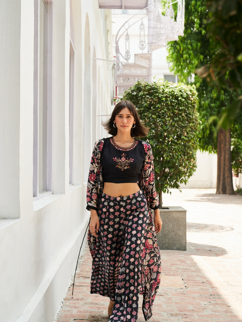 black digital printed co-ord with a shrug