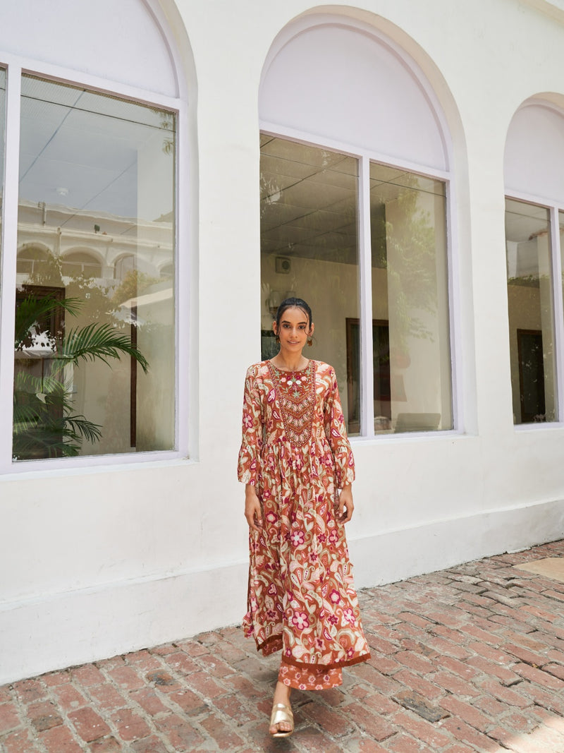 Rust Floral Digital Printed Kurta Set