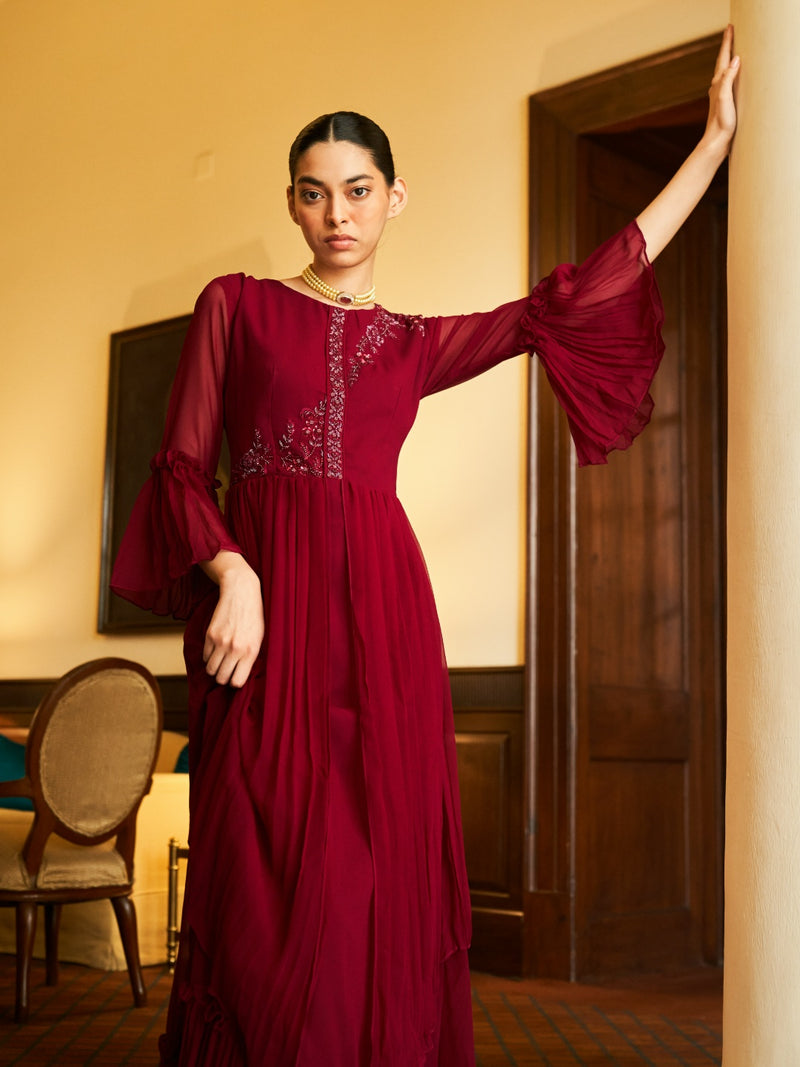 Magenta Georgette Embroidered Gown