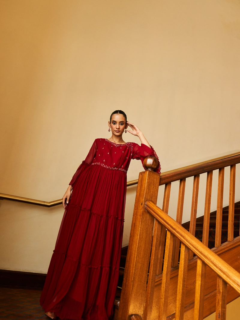 Wine Georgette Peplum Sharara Set