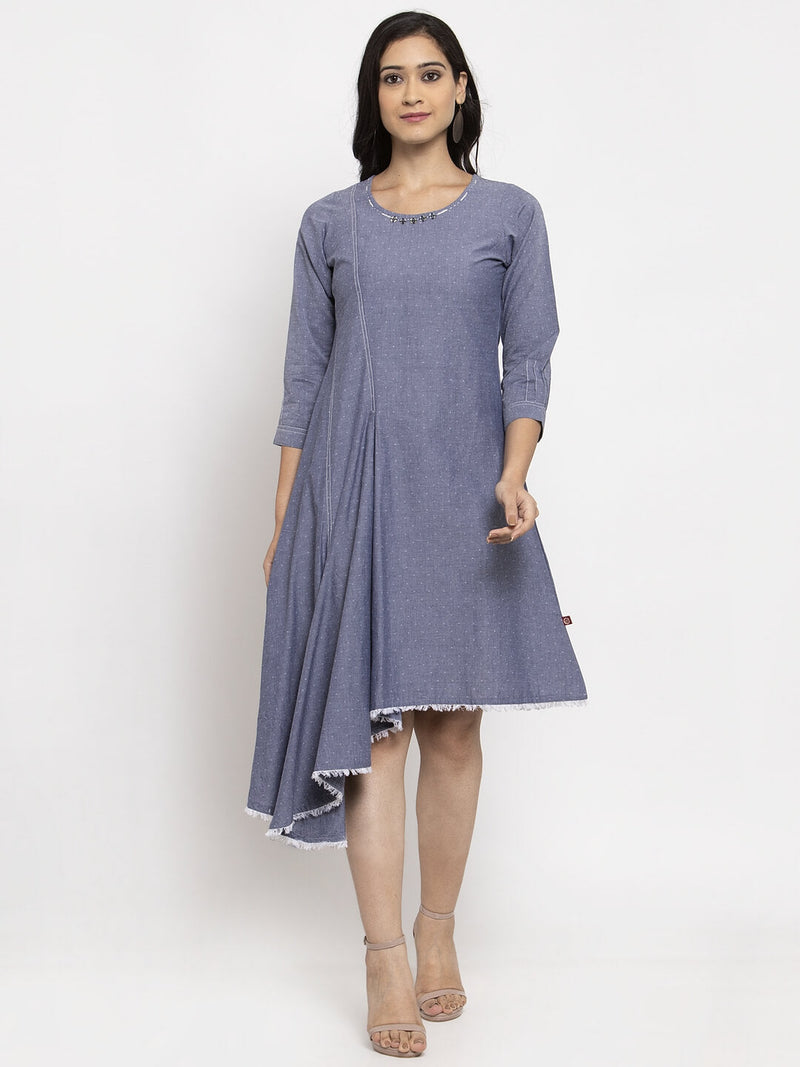 Blue Solid Cotton Denim Asymmetrical Dress | Rescue