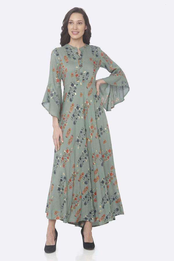 TURQUOISE PRINTED RAYON MANDARIN COLLARED A-LINE DRESS | Rescue