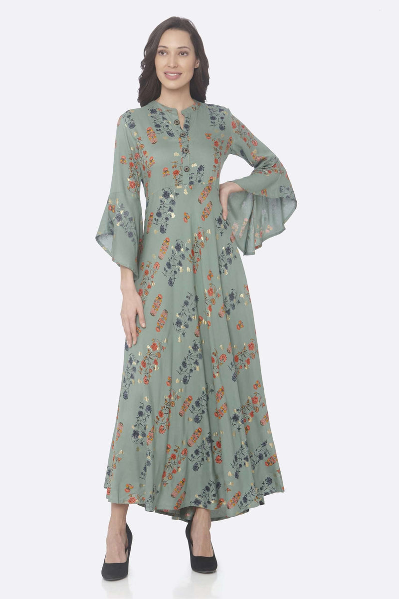 TURQUOISE PRINTED RAYON MANDARIN COLLARED A-LINE DRESS | Rescue