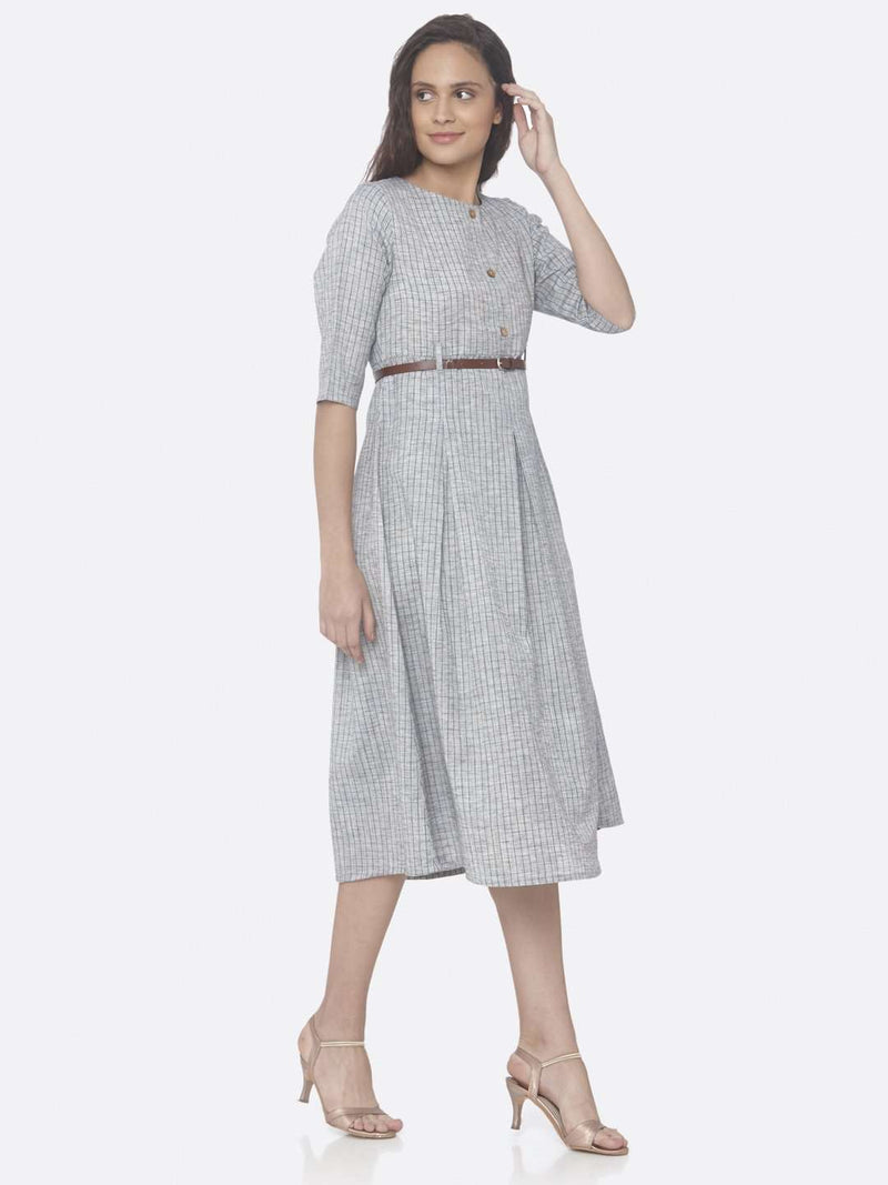 Grey Solid Weaving Cotton A-Line Dress | Rescue
