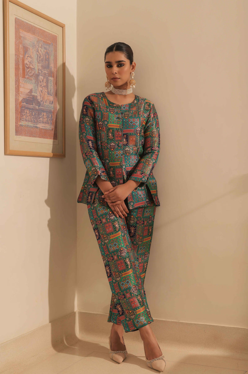 Teal Green Banarasi Brocade Blazer Set