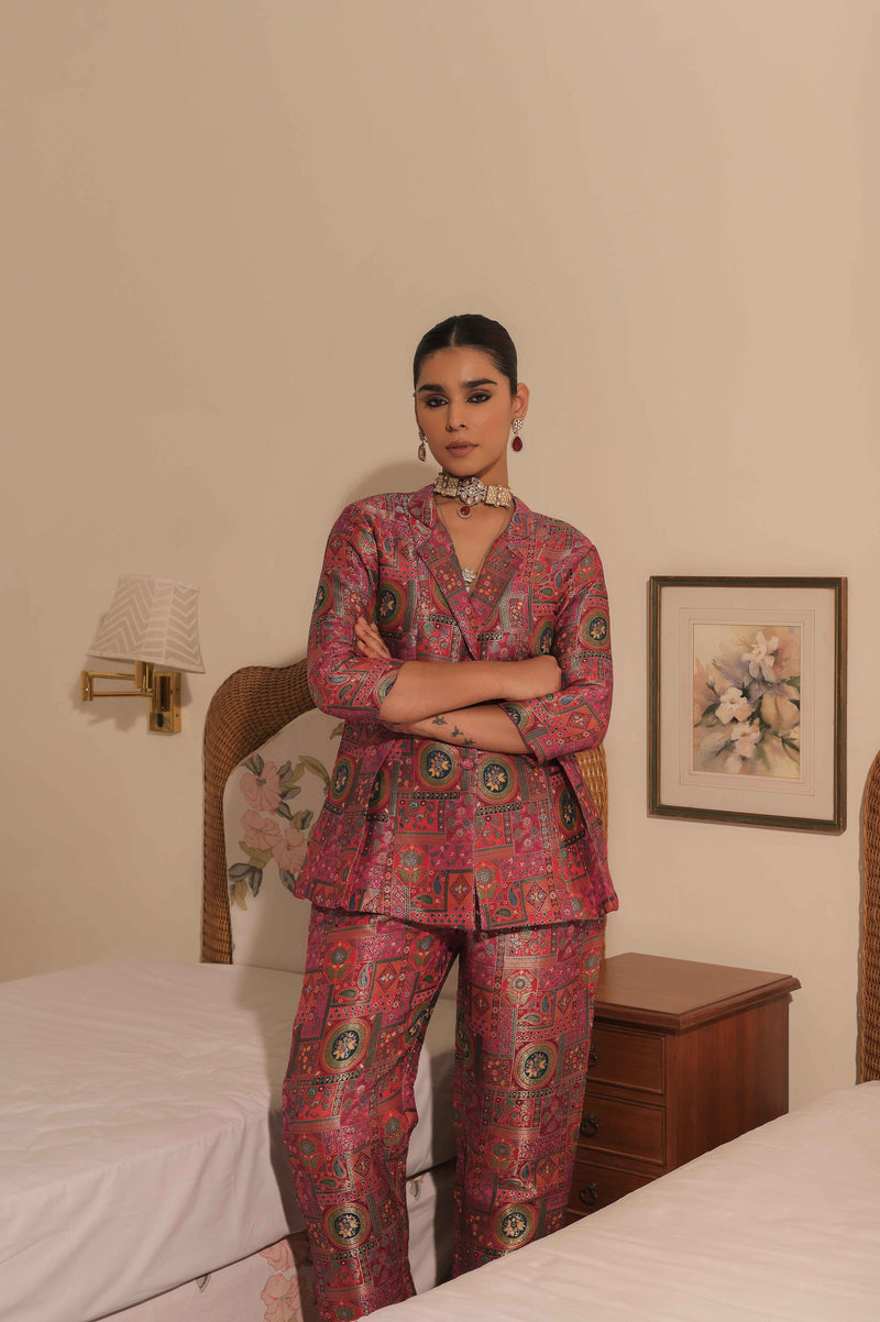 blush pink Banarasi brocade blazer pant set