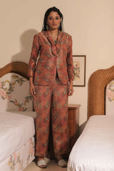 Rust Orange A-line Brocade Blazer with pant