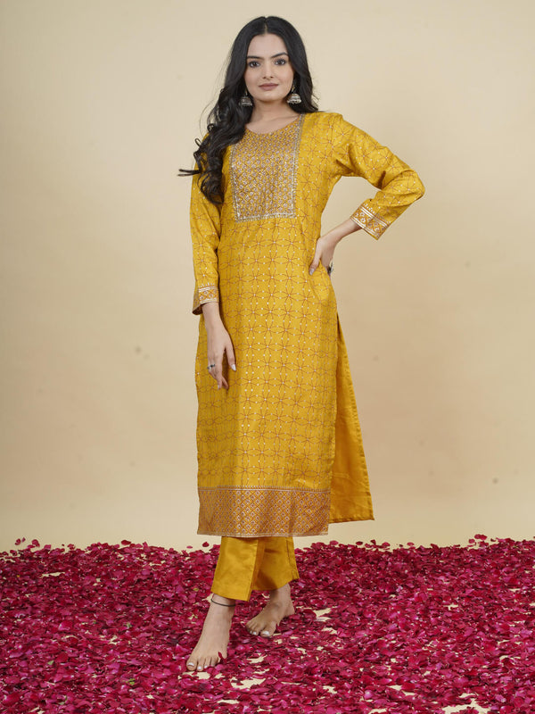mustard mini silk zari print straight kurta pant set