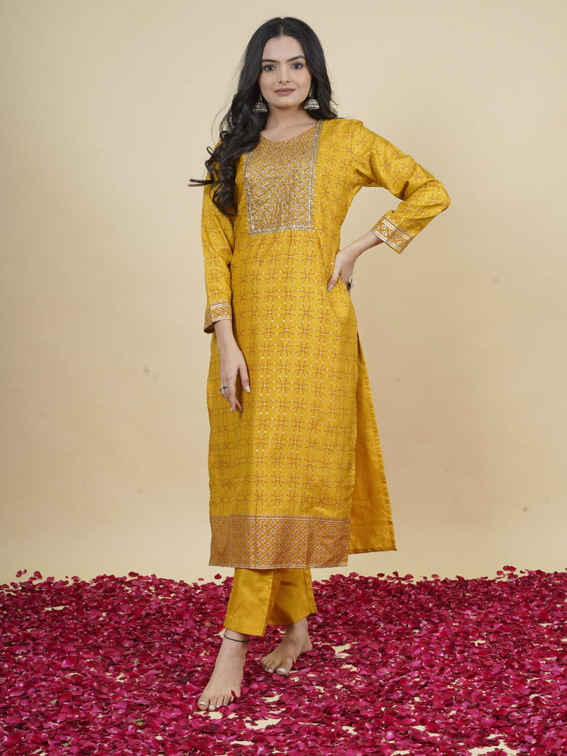 mustard embroidered kurta set