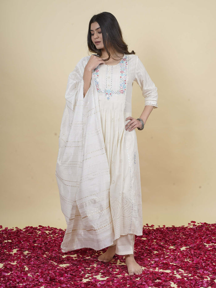 White Embroidered A-line Kurta Set Dupatta