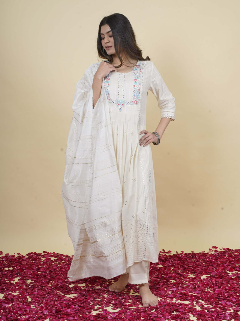 white a line cotton schiffali kurta set duppatta