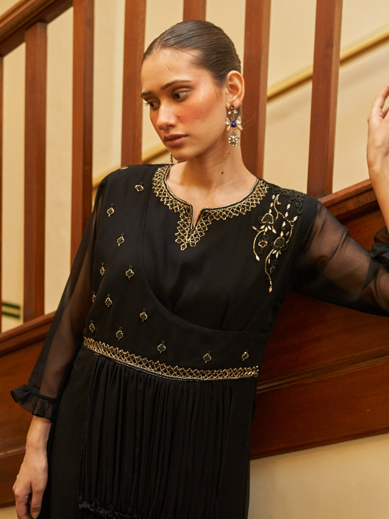 BLACK PURE GEORGETTE GOWN WITH INTRICATE HANDWORK EMBROIDERY