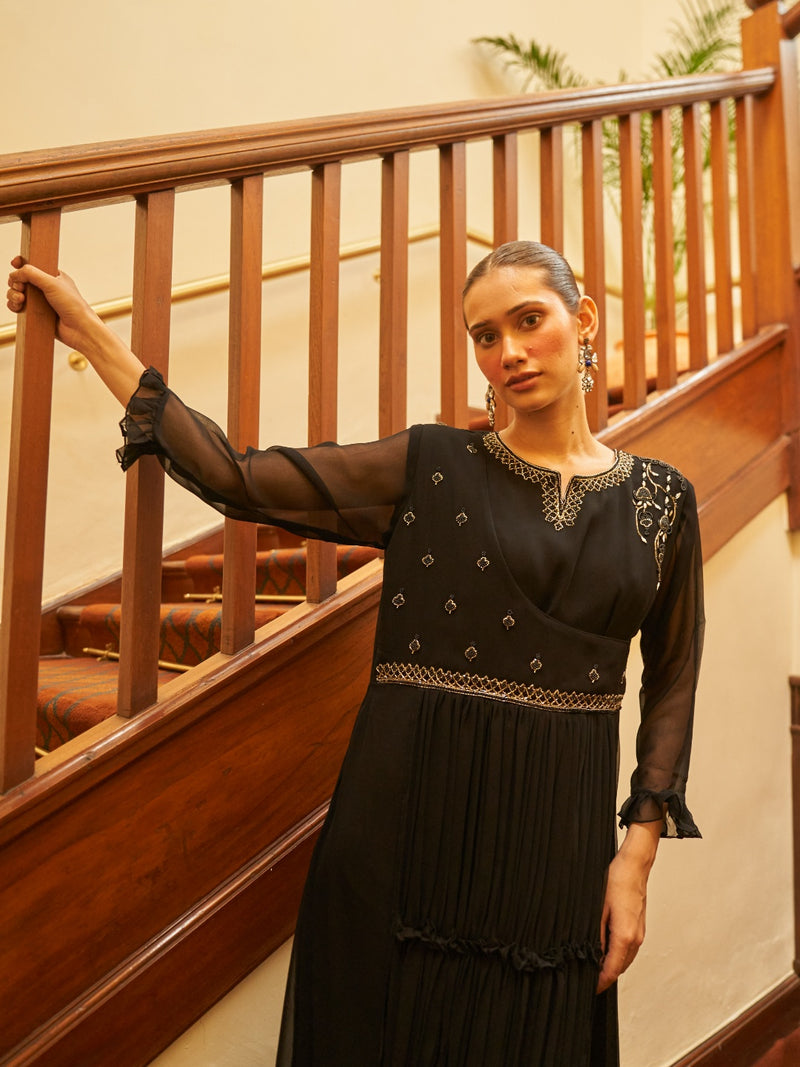 BLACK PURE GEORGETTE GOWN WITH INTRICATE HANDWORK EMBROIDERY
