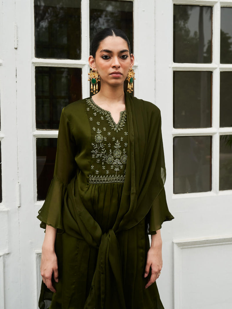 olive green georgette peplum sharara set