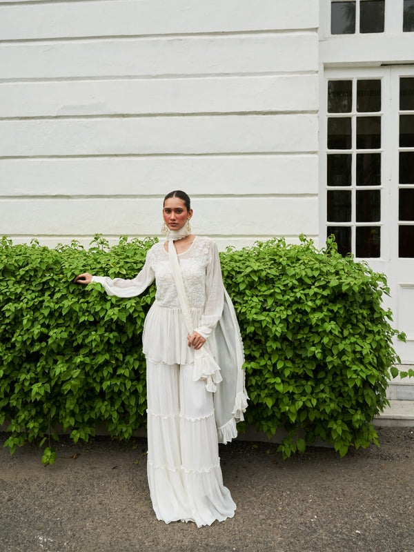 White Embroidered Peplum Sharara Set