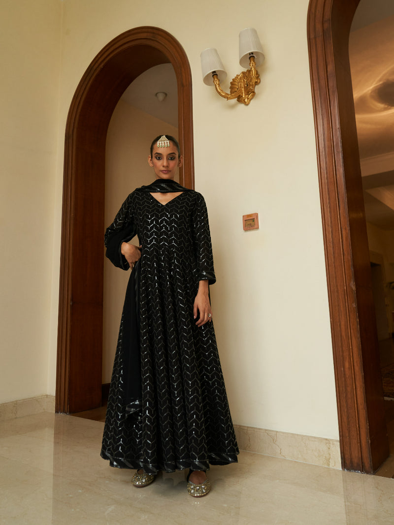 BLACK GEORGETTE ANARKALI SUIT WITH ALLOVER SEQUENCE WORK