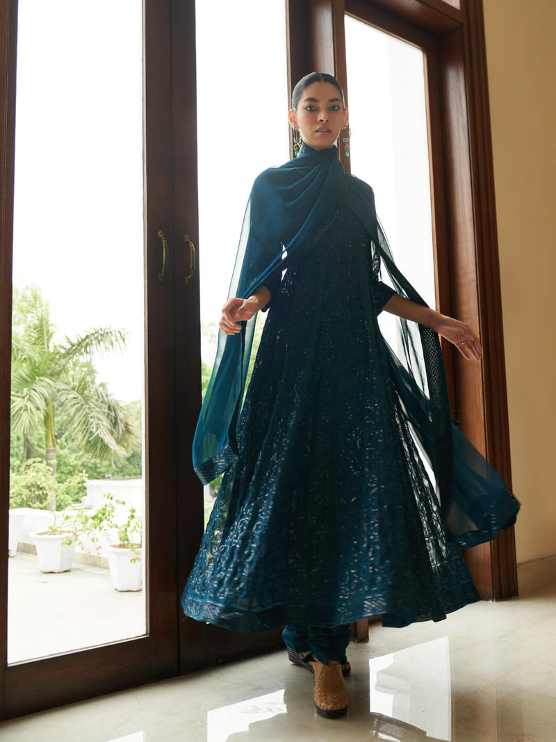 PEACOCK BLUE GEORGETTE ANARKALI SUIT WITH ALLOVER SEQUENCE WORK