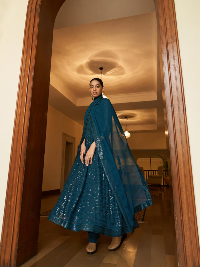 peacock blue georgette anarkali suit