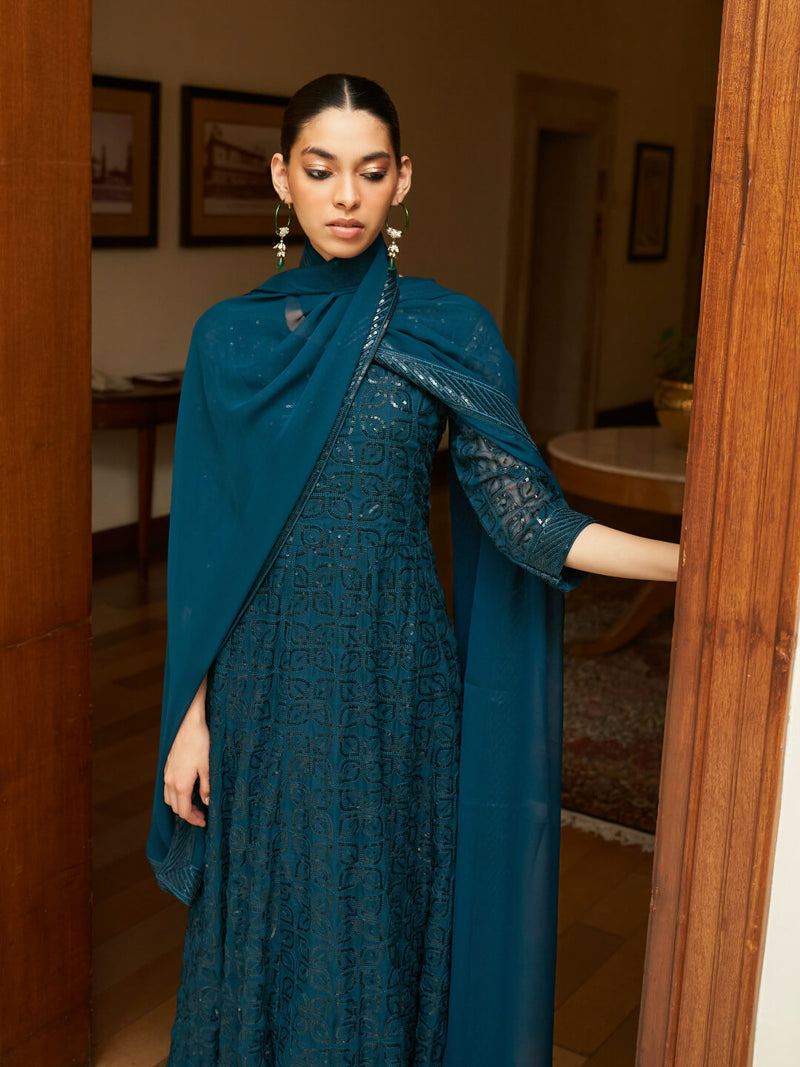 PEACOCK BLUE GEORGETTE ANARKALI SUIT WITH ALLOVER SEQUENCE WORK