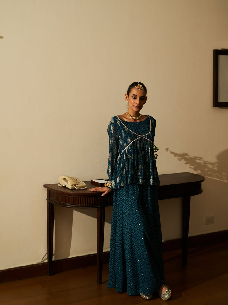 blue georgette foil print sharara set