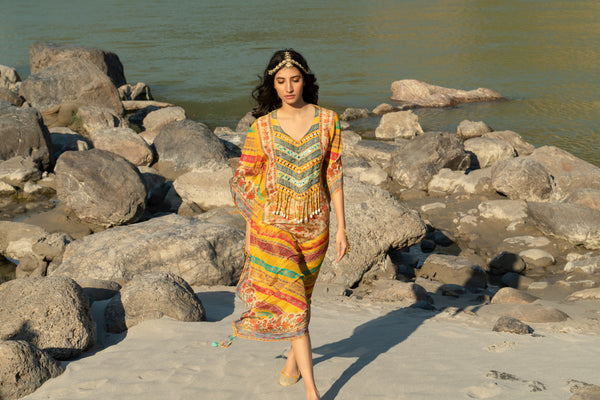 Turmeric Yellow Printed Pure Viscose Handwork Kaftan Dress