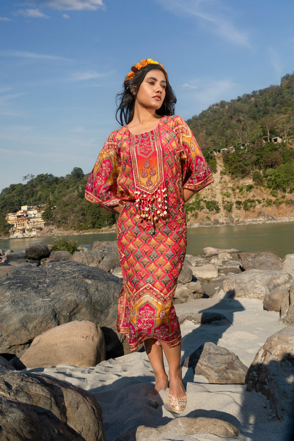 Fusia Pink Printed Pure Viscose Handwork Kaftan Dress