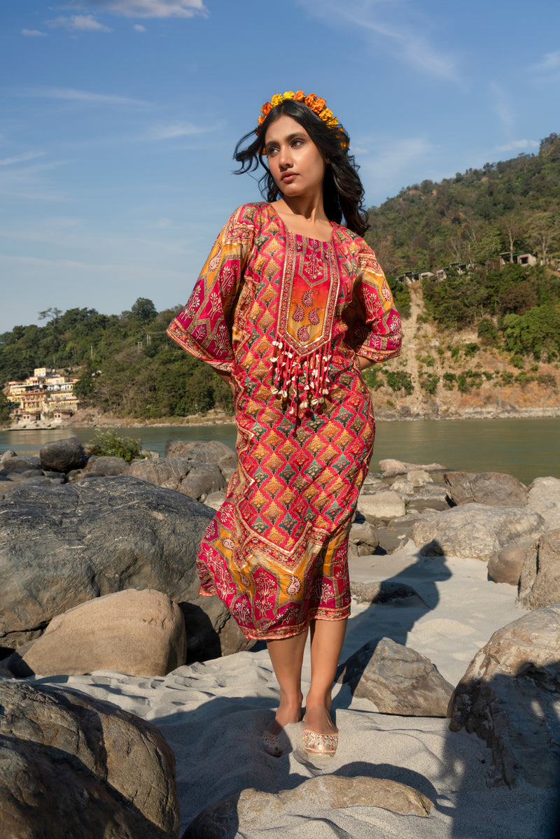 Fusia Pink Printed Pure Viscose Handwork Kaftan Dress