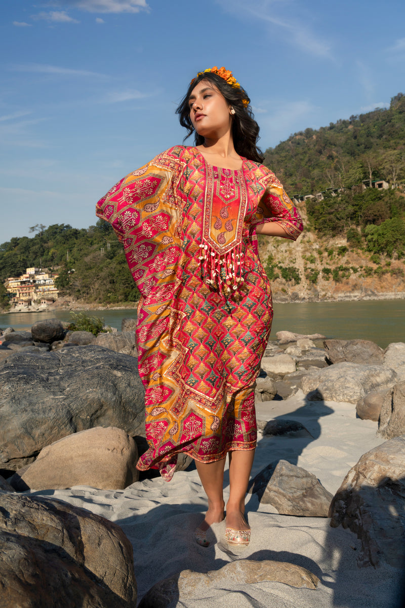 Fusia Pink Printed Pure Viscose Handwork Kaftan Dress free size Fusia Pink Printed Pure Viscose Handwork Kaftan Dress free size