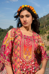 Fusia Pink Printed Pure Viscose Handwork Kaftan Dress