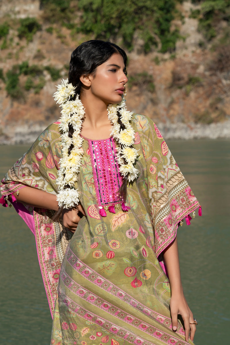 Moca Green Printed Pure Viscose Handwork Kaftan Dress free size