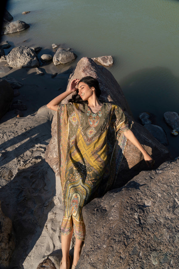 Mehendi Green Printed Pure Viscose Handwork Kaftan Dress