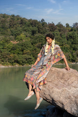 Grey Printed Pure Viscose Handwork Kaftan Dress