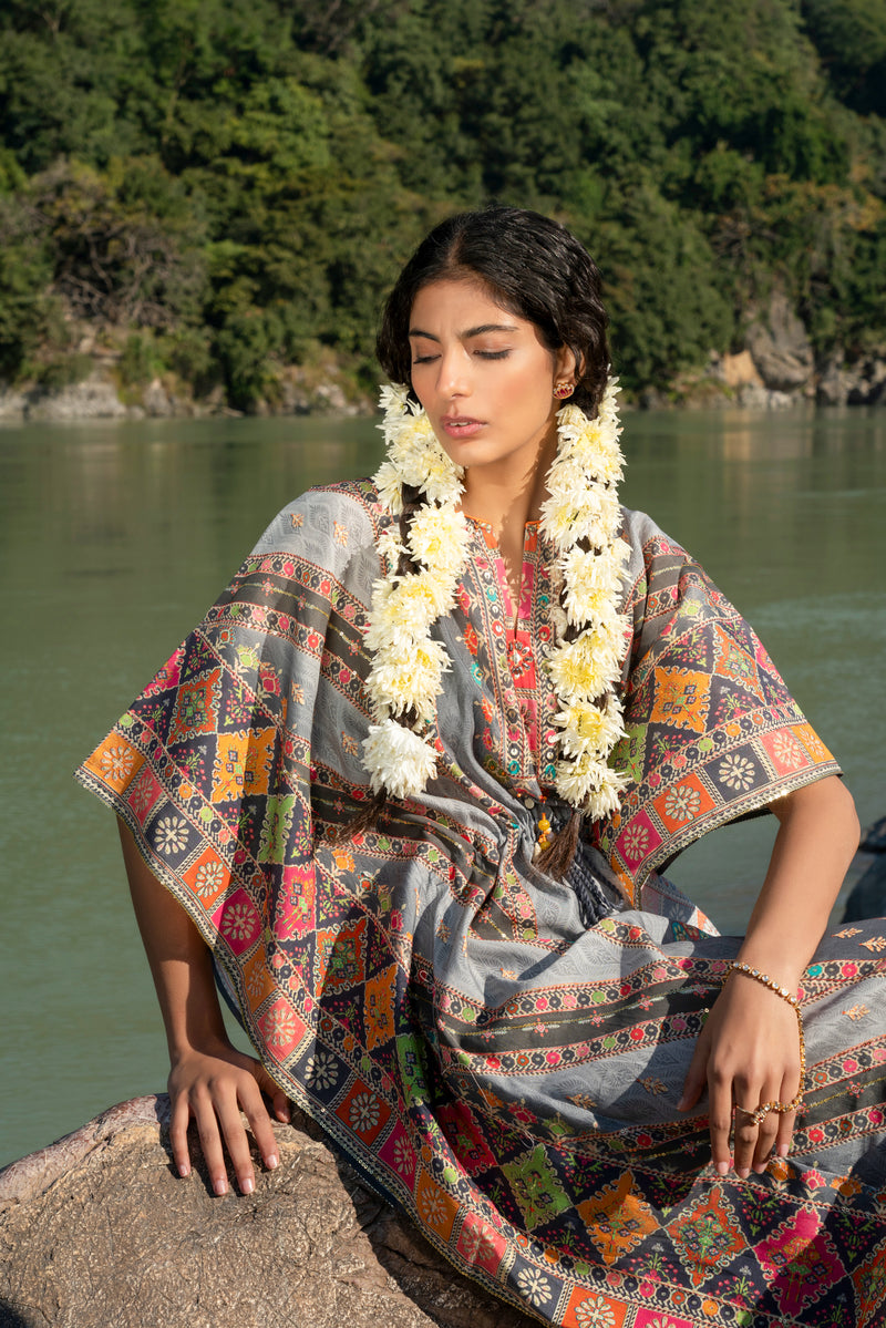 Grey Printed Pure Viscose Handwork Kaftan Dress