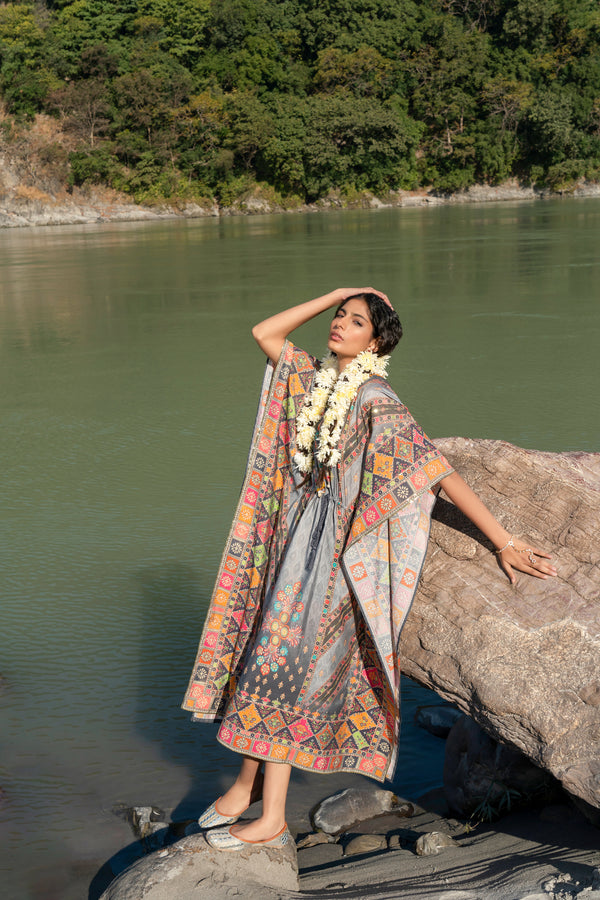 Grey Printed Pure Viscose Handwork Kaftan Dress